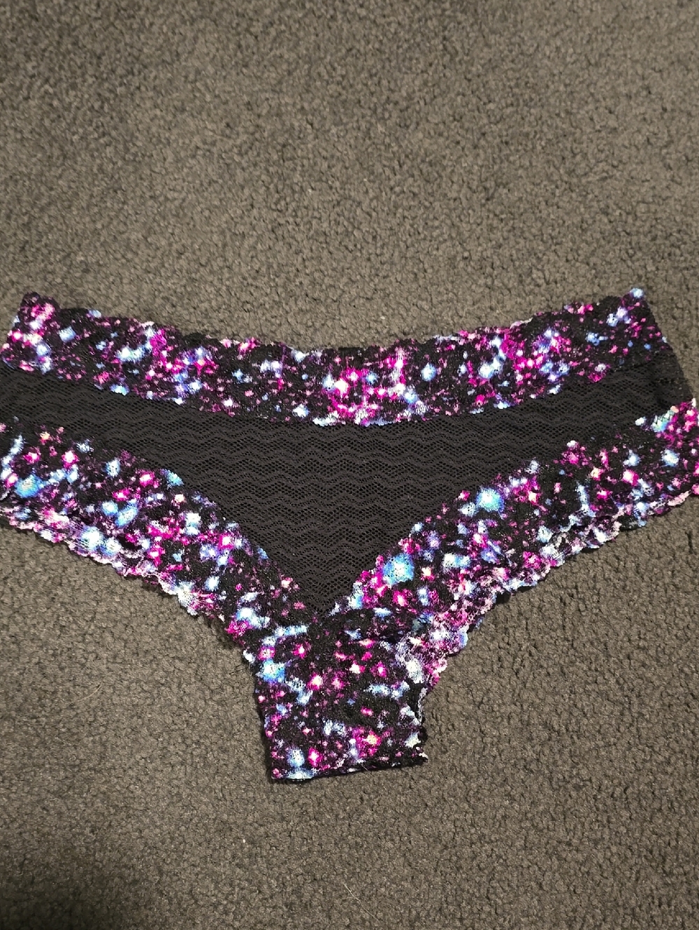 PINK Victoria's Secret Black Lace Hipster Panty with Pink & Blue Floral Print